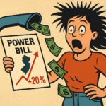 Cartoon of a shocked New Jersey homeowner holding a power bill showing a 20% increase, with money being vacuumed out of her pocket.
