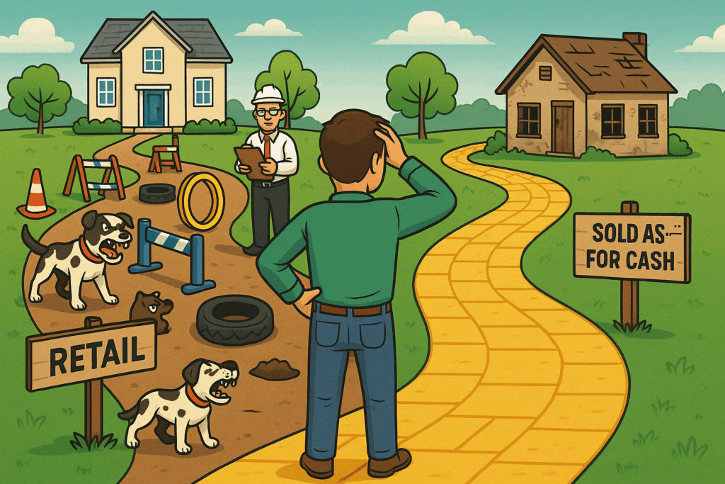 Cartoon showing NJ seller choosing between retail path with barking dogs and inspector versus smooth cash sale