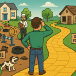 Cartoon showing NJ seller choosing between retail path with barking dogs and inspector versus smooth cash sale