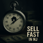 Stopwatch with house silhouette and fading cash, symbolizing selling a New Jersey home fast before losing money.