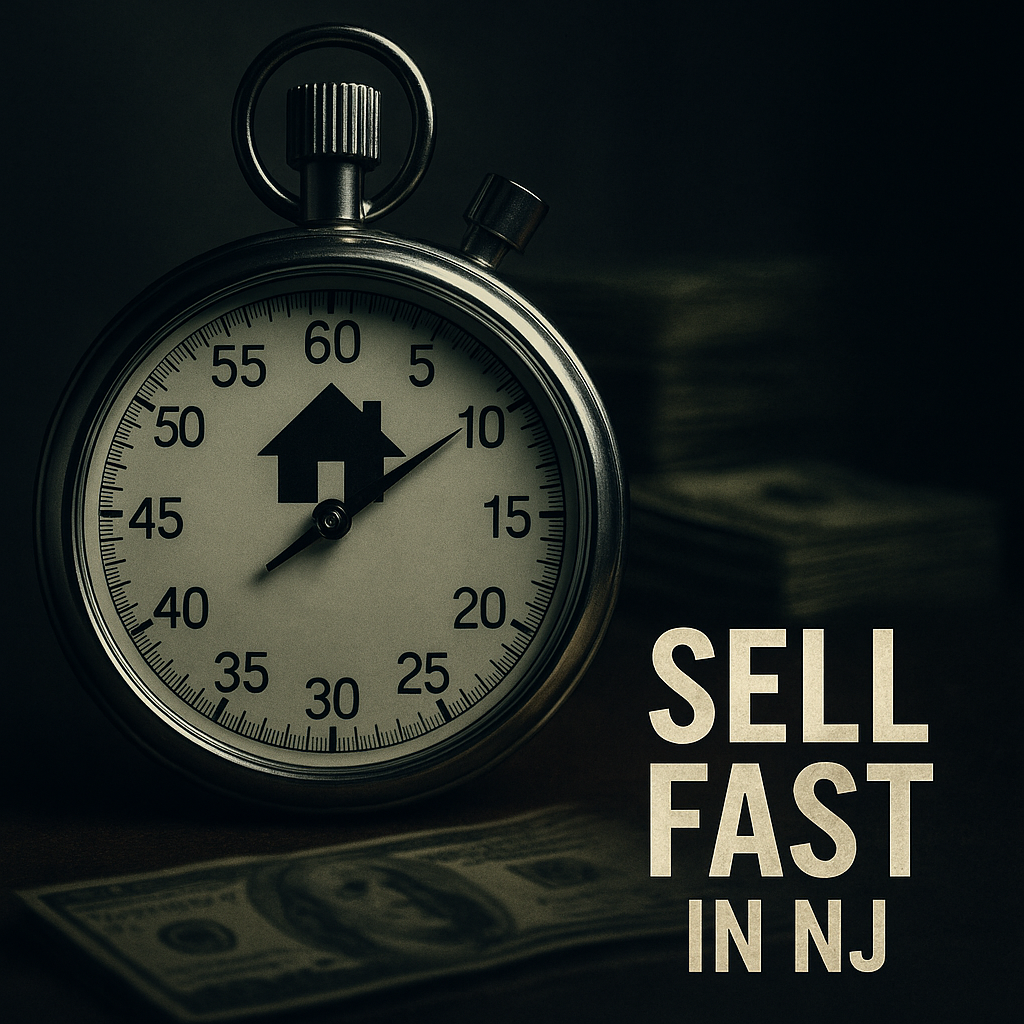 Stopwatch with house silhouette and fading cash, symbolizing selling a New Jersey home fast before losing money.