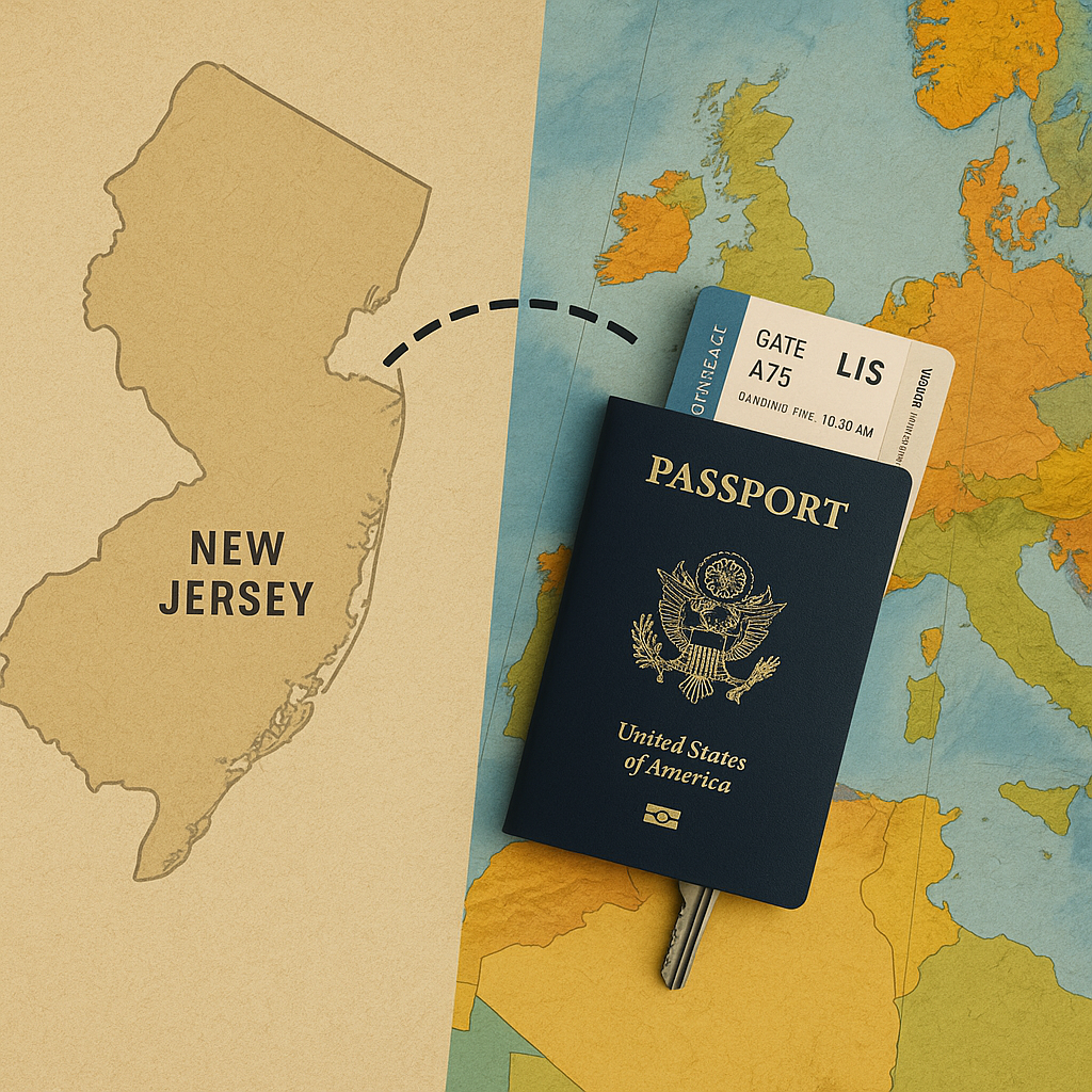 U.S. passport and boarding pass from Newark International Airport to Lisbon placed over a map of New Jersey and Europe with a travel route marked.