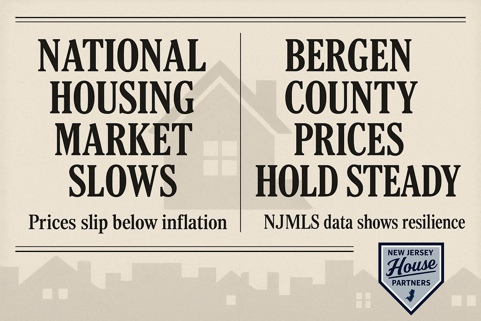 Newspaper-style graphic comparing national housing market slowdown with Bergen County housing resilience, September 2025.