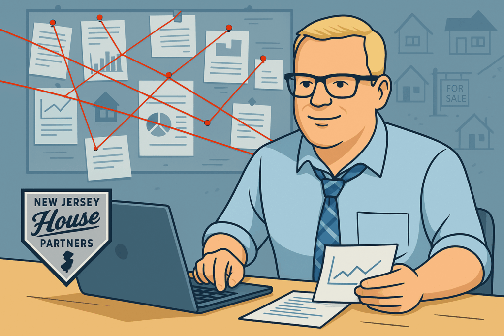 Kevin Hill of NJ House Partners crunching housing and jobs numbers at a desk, glasses and loose tie, with charts and a red string board in the background