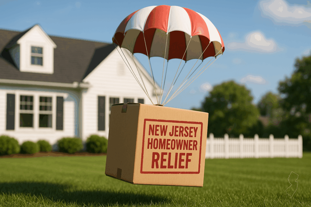 Cardboard box stamped “New Jersey Homeowner Relief” descending by parachute toward a bright green front lawn and white picket fence in front of a New Jersey home.