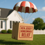 Cardboard box stamped “New Jersey Homeowner Relief” descending by parachute toward a bright green front lawn and white picket fence in front of a New Jersey home.
