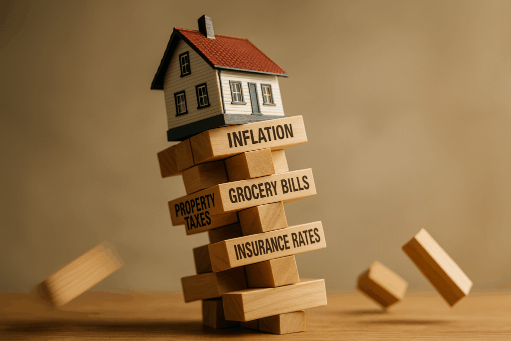 Leaning Jenga tower with a small model house on top, blocks labeled Property Taxes, Grocery Bills, Insurance Rates, illustrating rising housing costs in North Jersey.