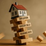 Leaning Jenga tower with a small model house on top, blocks labeled Property Taxes, Grocery Bills, Insurance Rates, illustrating rising housing costs in North Jersey.