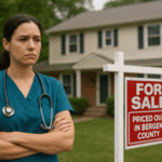Nurse standing outside a Bergen County NJ home with a For Sale sign reading Priced Out in Bergen County