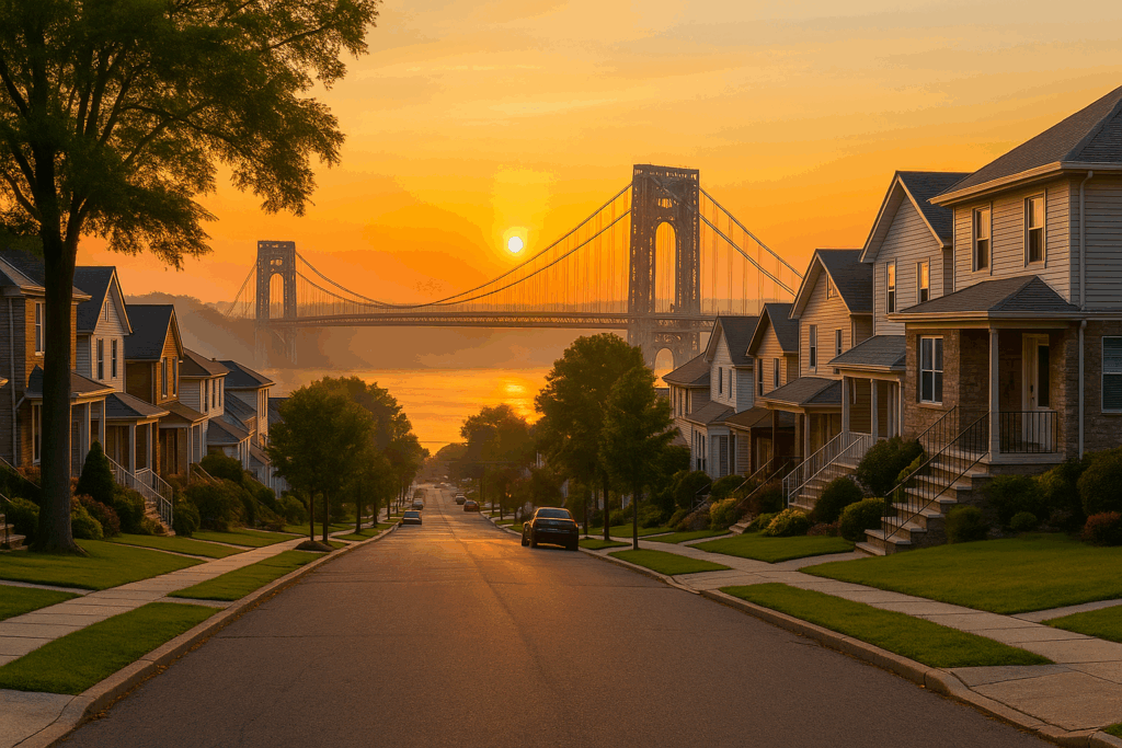 Bergen County Home Sellers Playbook, GWB sunrise neighborhood title graphic.