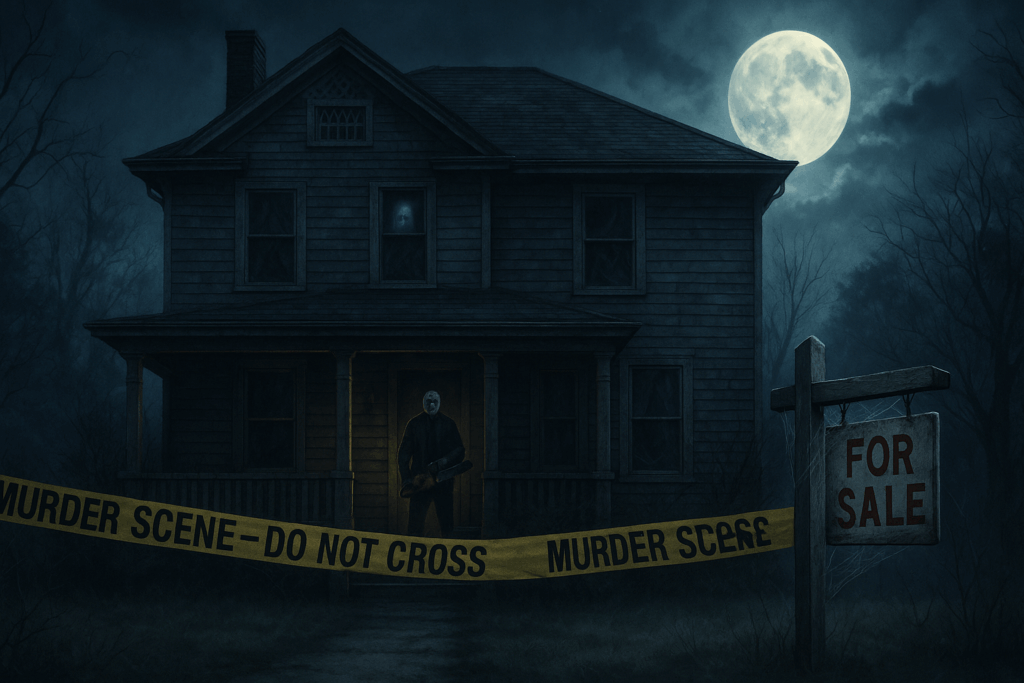 A moonlit New Jersey house surrounded by âMurder Scene â Cautionâ tape, with a masked figure holding a chainsaw in the doorway and a cobweb-covered âFor Saleâ sign in the front yard, illustrating that sellers in New Jersey arenât required to disclose haunted histories or deaths unless asked.