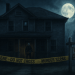 A moonlit New Jersey house surrounded by “Murder Scene – Caution” tape, with a masked figure holding a chainsaw in the doorway and a cobweb-covered “For Sale” sign in the front yard, illustrating that sellers in New Jersey aren’t required to disclose haunted histories or deaths unless asked.