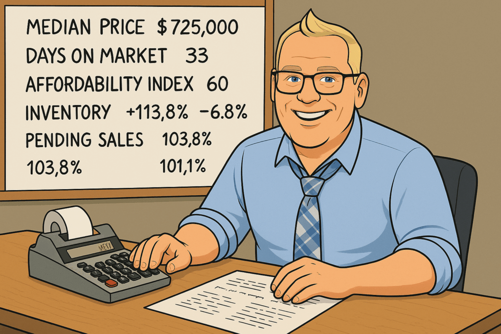 Cartoon illustration of Kevin Hill sitting at a desk in a blue dress shirt with rolled sleeves and a loose plaid tie, using an old-school calculator while reviewing North Jersey real estate statistics on a whiteboard.