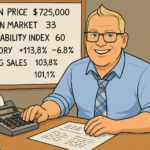 Cartoon illustration of Kevin Hill sitting at a desk in a blue dress shirt with rolled sleeves and a loose plaid tie, using an old-school calculator while reviewing North Jersey real estate statistics on a whiteboard.