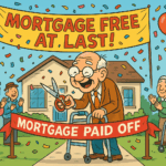 Cartoon of a very elderly man using a walker while cutting a ‘Mortgage Paid Off’ ribbon in front of his house, surrounded by cheering neighbors and balloons.