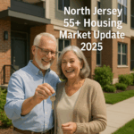 Senior couple smiling and holding house keys outside a modern condo building, representing North Jersey’s 55+ housing market update for 2025.