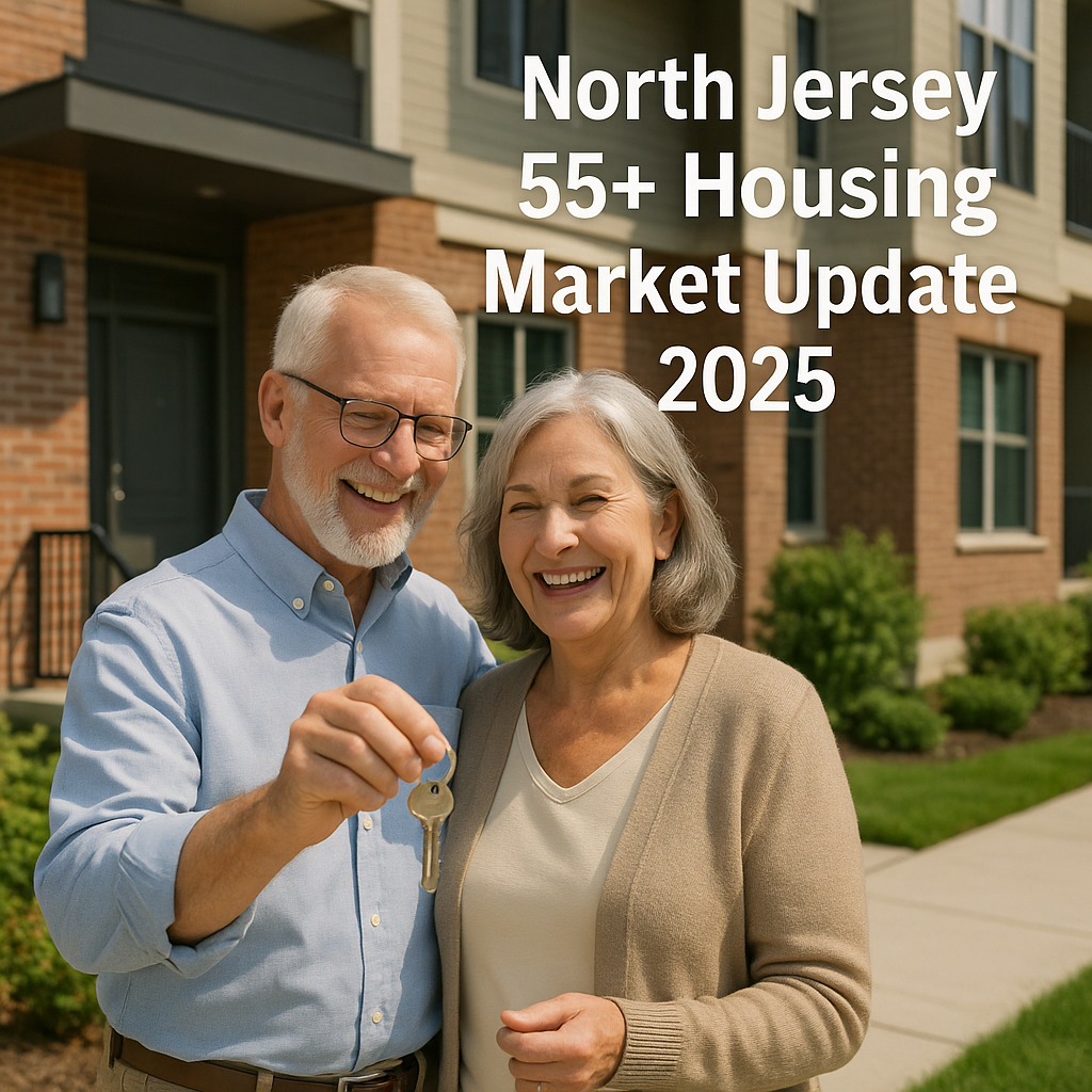 Senior couple smiling and holding house keys outside a modern condo building, representing North Jersey’s 55+ housing market update for 2025.