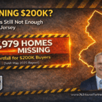 Graphic showing the headline Earning 200K? Why It’s Still Not Enough in New Jersey with a warning banner highlighting a deficit of 17,979 homes for $200K buyers, a glowing outline of the state of New Jersey, and the NJ House Partners logo next to agent Kevin Hill