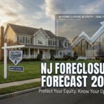 NJ Foreclosure Forecast 2026 showing market normalization trend on a graph over an NJ House Partners for sale sign in front of a Bergen County home.