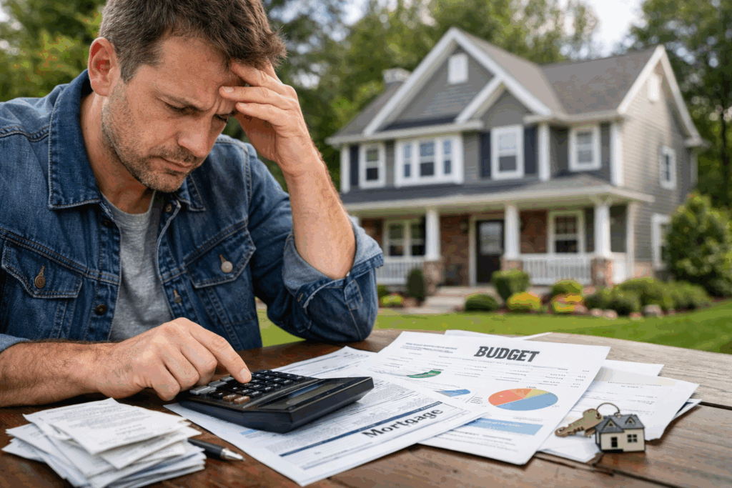 New Jersey homebuyer reviewing budget with calculator and paperwork in front of a North Jersey style house, highlighting rising affordability pressures and buyers spending 43 percent of income.