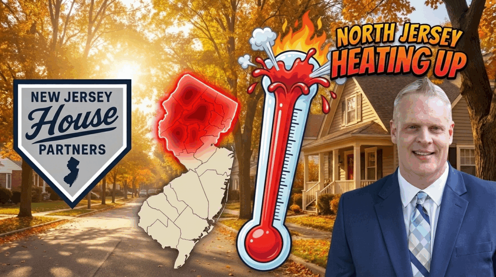 Landscape graphic showing Kevin Hill of New Jersey House Partners beside a rising thermometer and highlighted Northern New Jersey map, representing the housing market heating up in 2026
