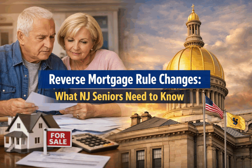 Older New Jersey couple reviewing home paperwork with the New Jersey State House in the background, representing reverse mortgage rule changes and senior home selling decisions