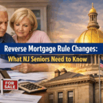 Older New Jersey couple reviewing home paperwork with the New Jersey State House in the background, representing reverse mortgage rule changes and senior home selling decisions