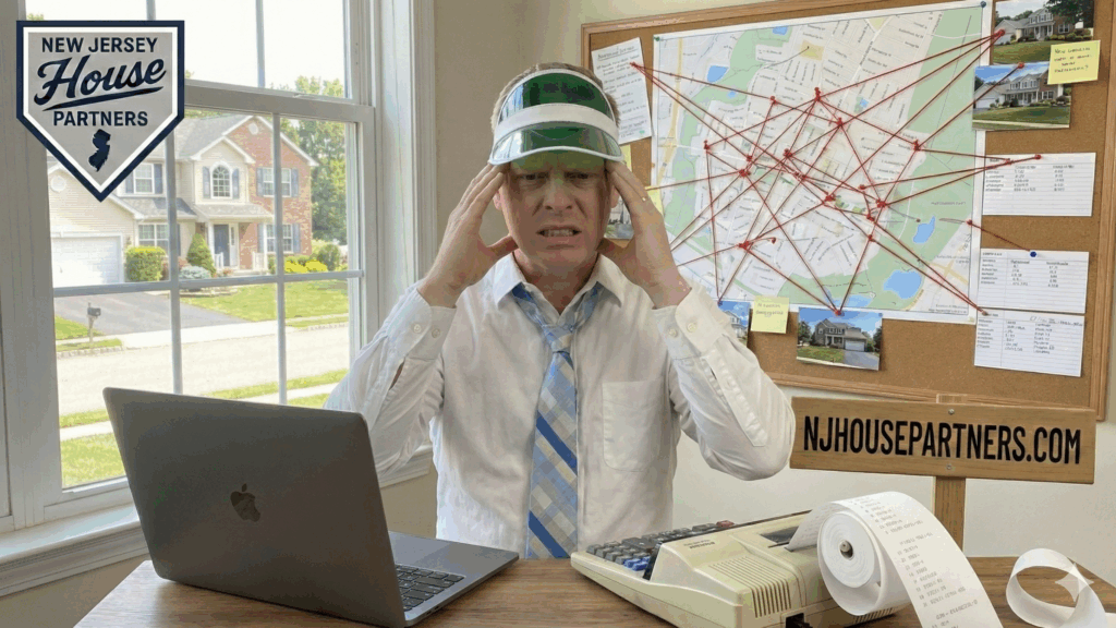 Bergen County New Jersey real estate agent reviewing home values with maps, pricing notes, and market data at his desk