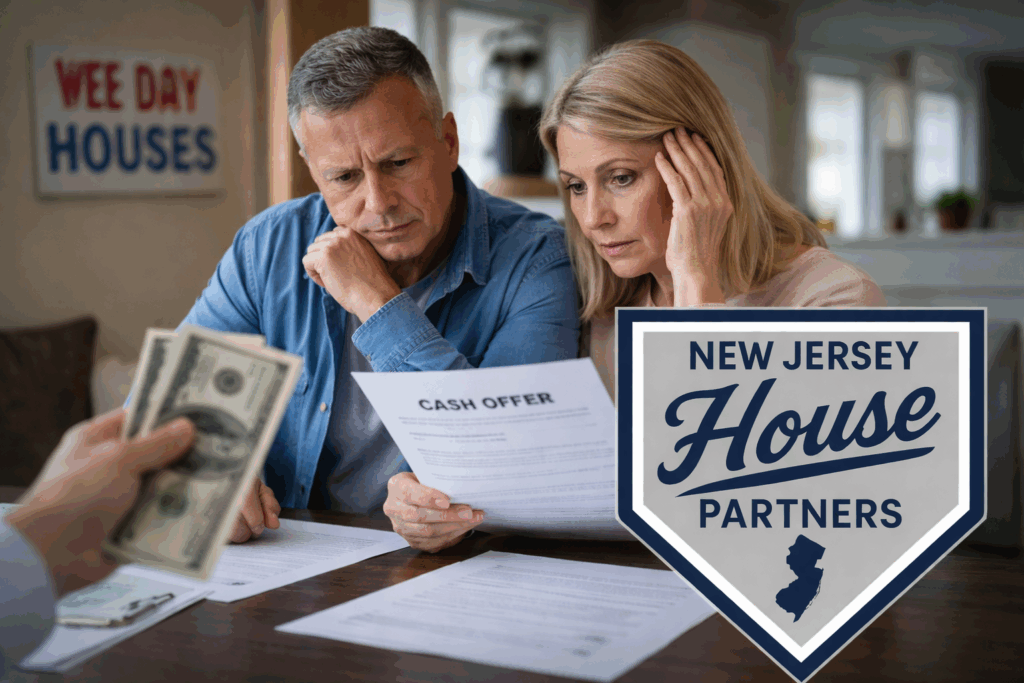 New Jersey homeowners reviewing a cash offer while considering selling their house fast