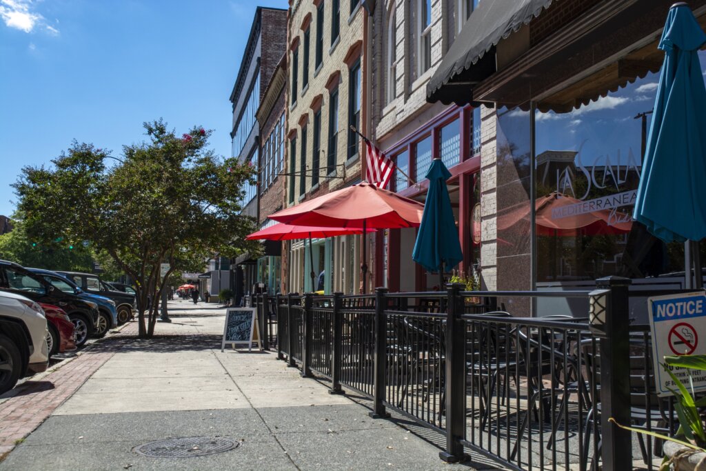 Restaurants and storefronts in downtown Rome, GA, showcasing the vibrant local businesses and historic charm of the area.