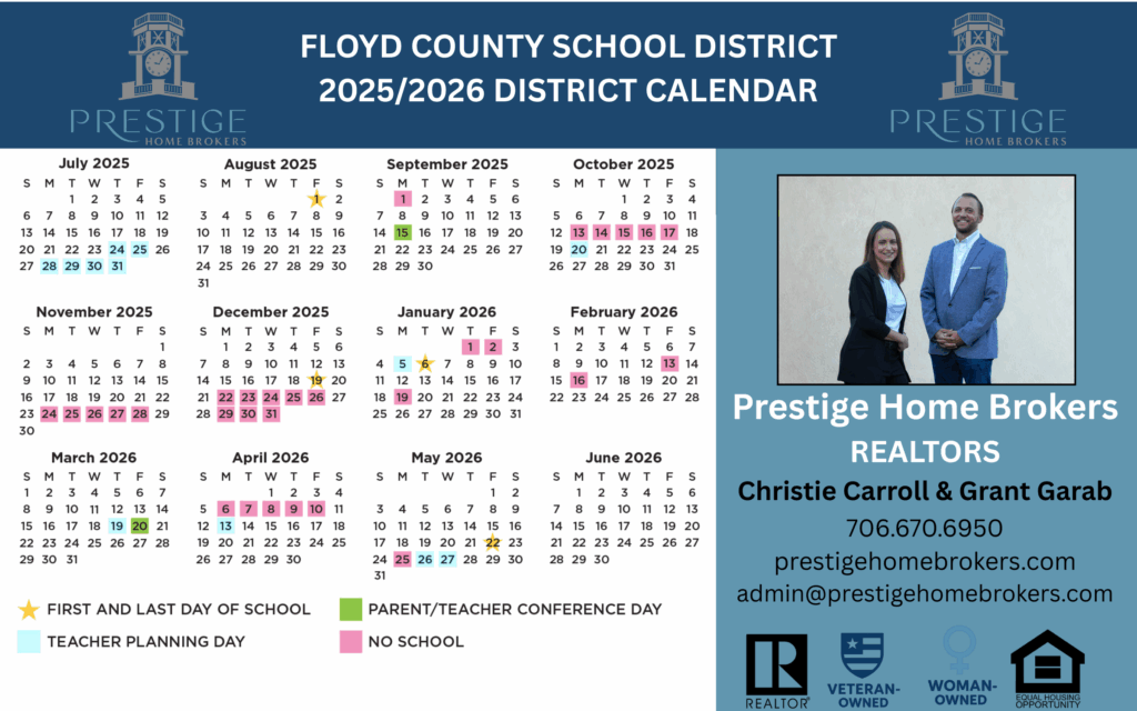 2025/2026 school calendar postcard for Floyd County, GA.