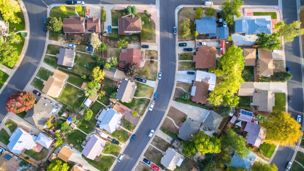 Aerial view of a suburban neighborhood