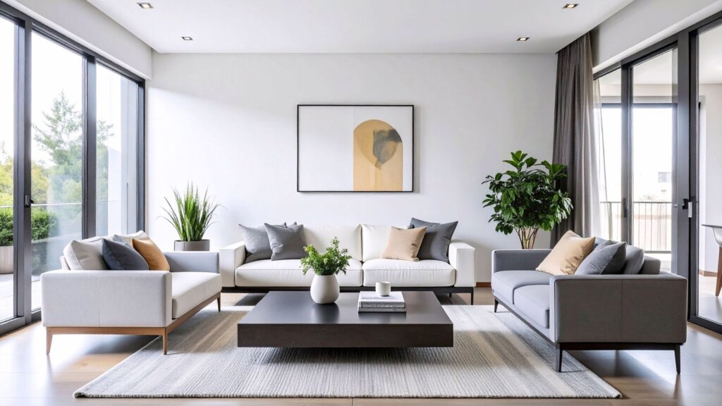 Living room staged with neutral tones