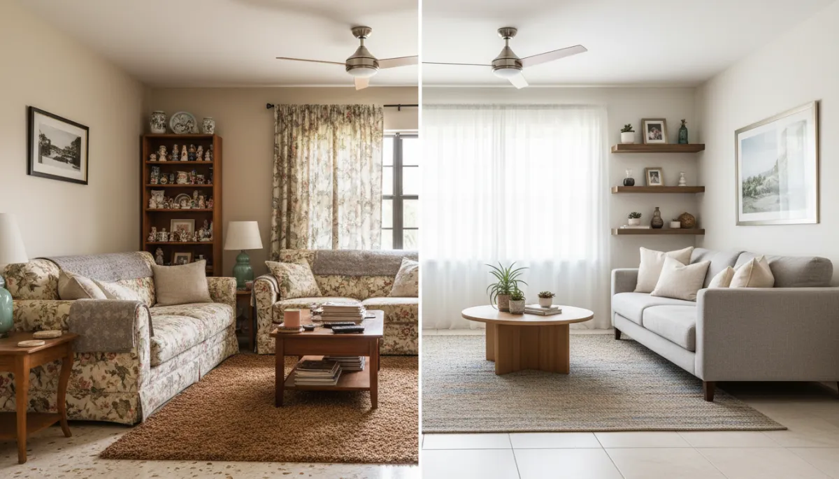Comparison of an as-is living room and a lightly updated version