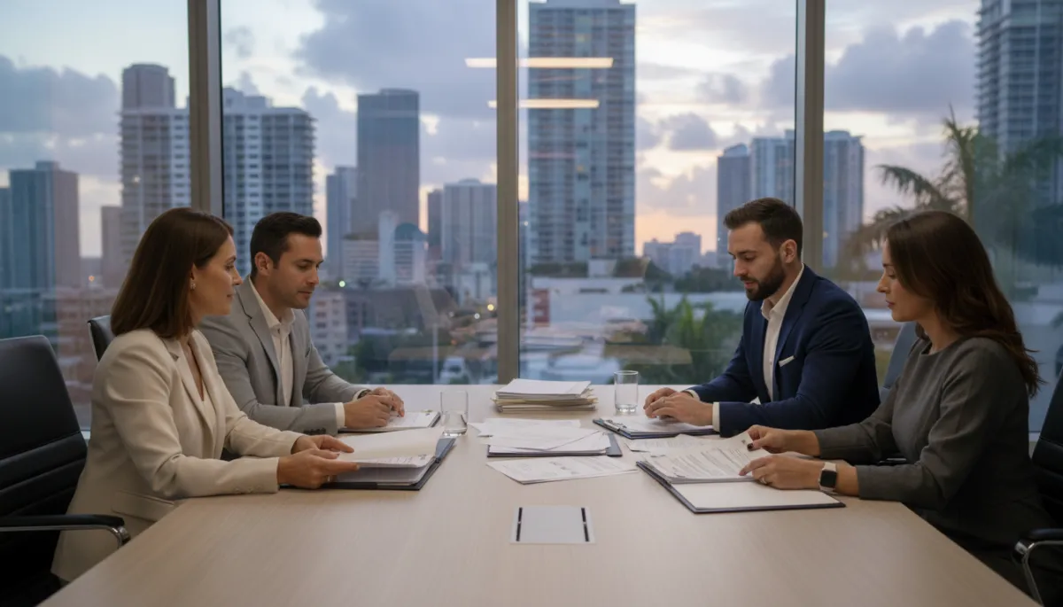 Divorcing couple calmly reviewing home sale documents with a professional team