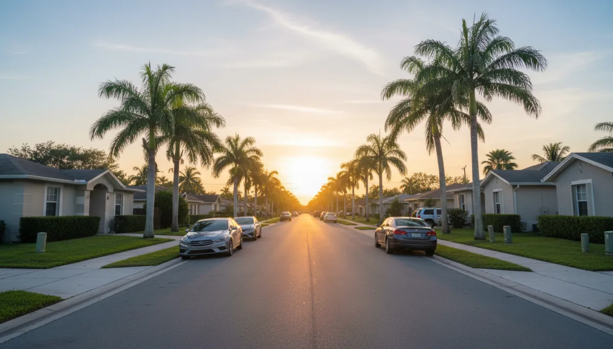 Quiet Fort Lauderdale residential neighborhood street with palm trees