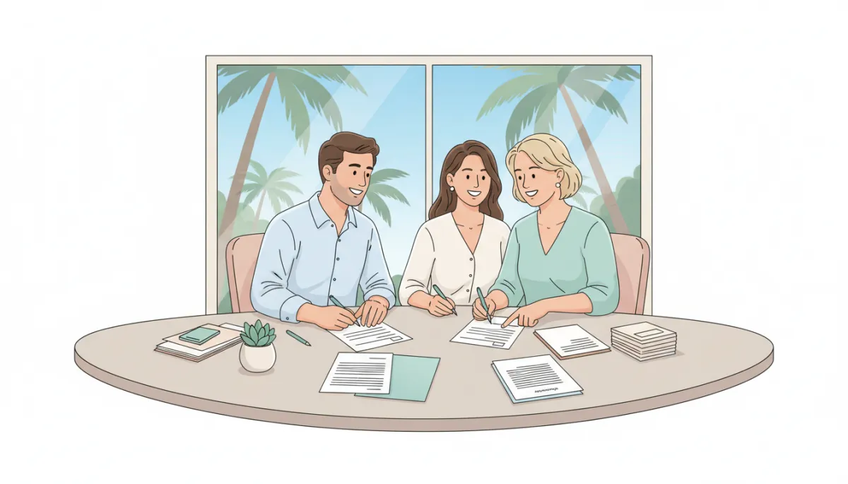 Couple signing home sale paperwork with a local South Florida cash home buyer