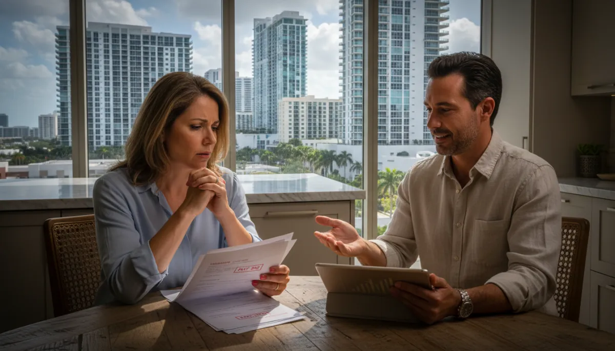 Worried Miami homeowner at kitchen table with mortgage papers