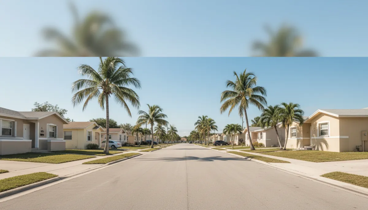 Street view of Hialeah FL neighborhood with palm trees and stucco homes