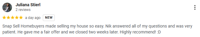 Juliana's Five Star Review of Snap Sell Homebuyers