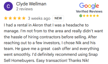 Clyde's Verified Five Star Review of Snap Sell Homebuyers
