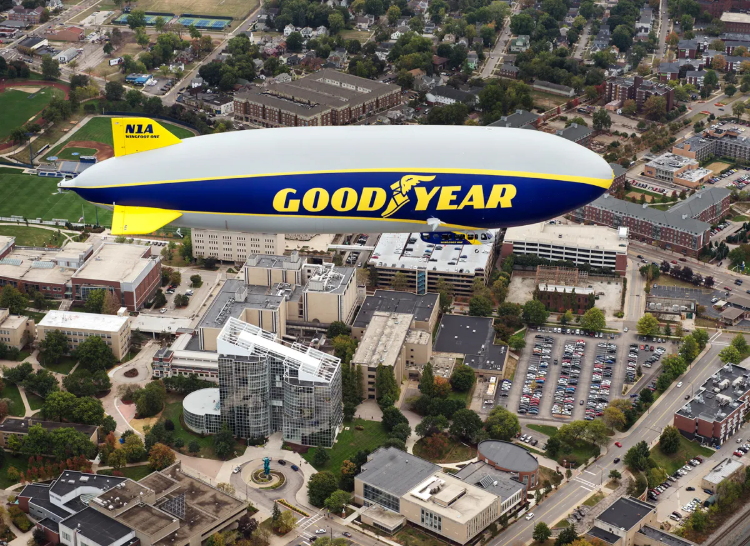 Goodyear Blimp flying over downtown Akron