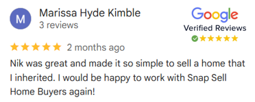 Marissa's Verified Five Star Review of Snap Sell Homebuyers
