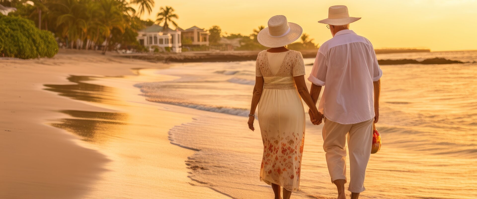 Couple walking on beach during sunset