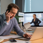 Empresario abrumado recibiendo ayuda de un asistente virtual en su computadora portátil.