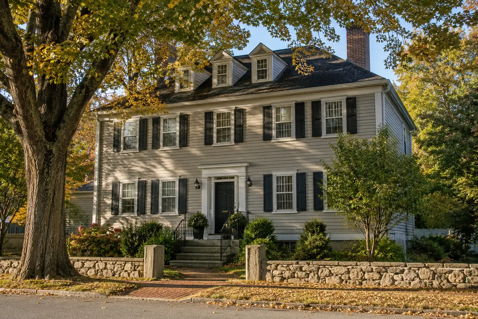 Center-hall colonial home with clapboard siding in East Greenwich, Rhode Island