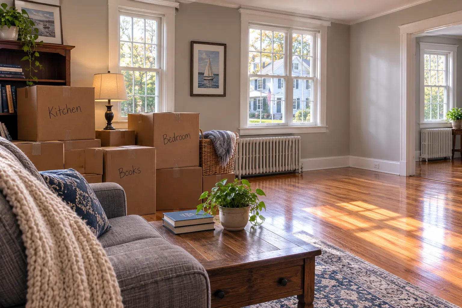 Half-packed living room in a Rhode Island house during a divorce move-out