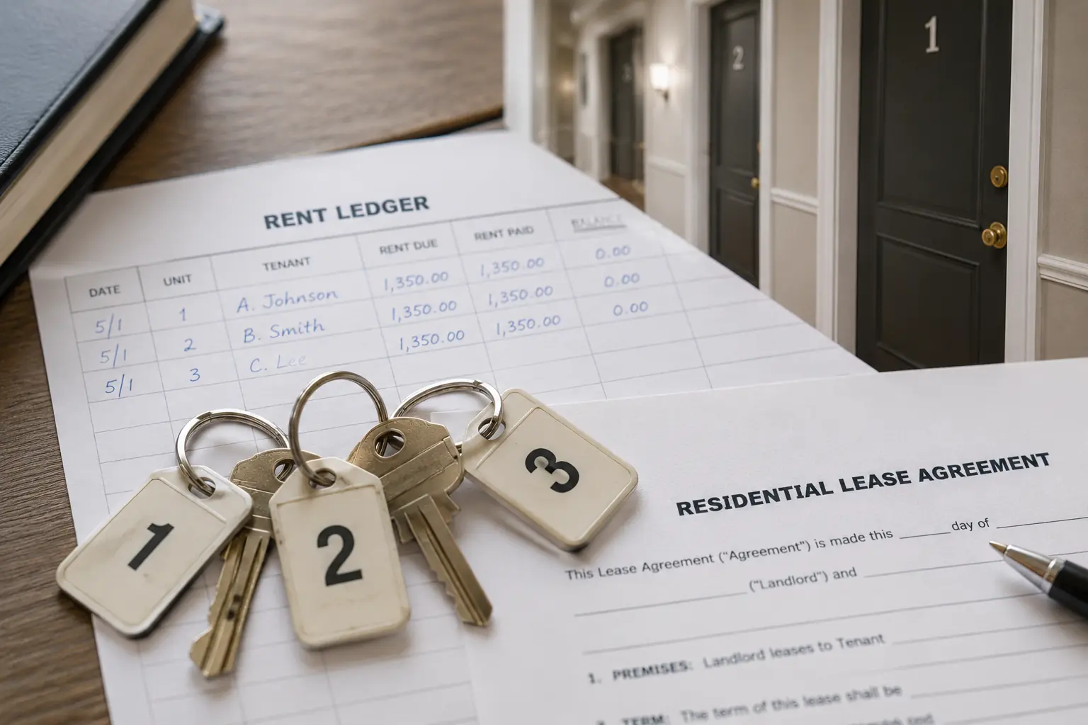 Apartment keys with unit tags on a lease for a tenant-occupied Rhode Island rental