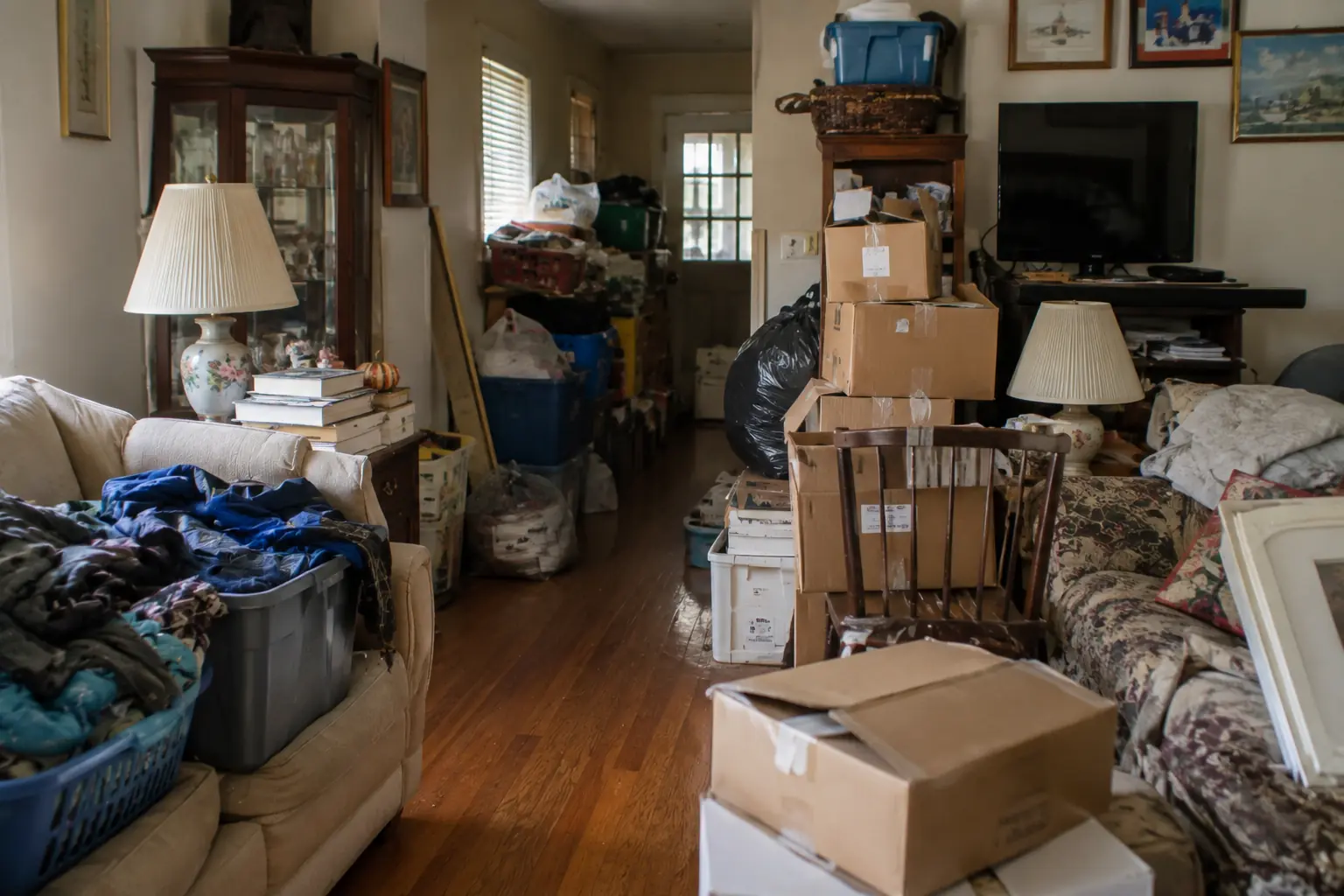 Cluttered living room inside a Rhode Island hoarder house showing why sellers choose an as-is cash sale