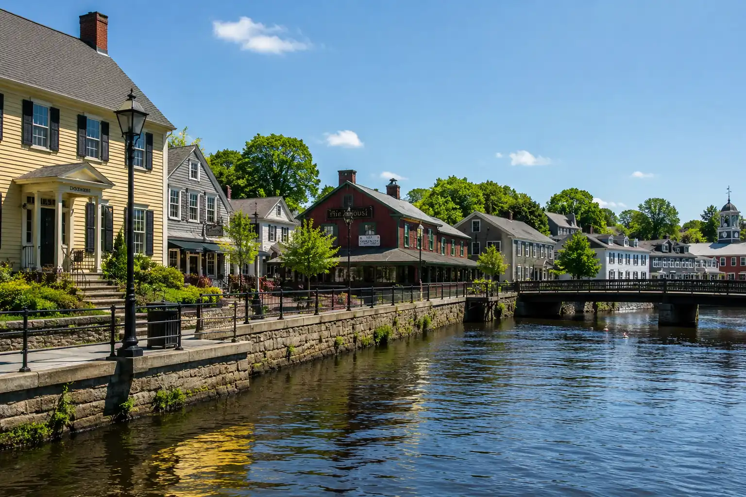 Historic New England waterfront village buildings along a river in Cranston, Rhode Island